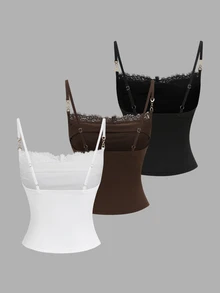 Sweetra Women's Lace Patchwork Pleated Fitted Versatile Casual Camisole Top - Multicolor - View 2