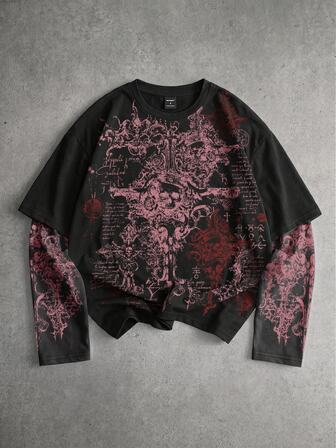 Goth Men's Printed Pattern 2 In 1 Loose Long Sleeve T-Shirt