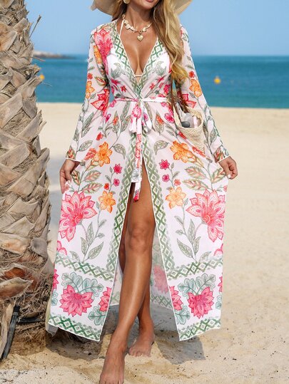 Breezaya 2026 Temporada de Vacaciones para Mujeres 1 pieza + Cubre-bañador para Mujeres + Vestido para Mujeres + Fiesta en la Playa y Piscina + Moda Madura Vintage Romántica Elegante + Holgado + Estampado Floral Grande + Conjunto de Vacaciones para Mujeres + Conjunto de Vacaciones para Mujeres