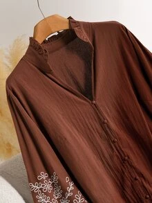 Lounesse Plus Size Autumn Casual Floral Embroidered Shirt - Brown - View 4