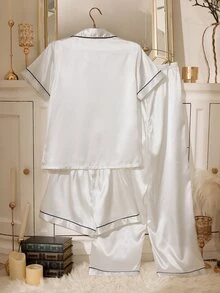 LuxeNights 愛心刺繡仿絲短袖上衣、短褲與長褲 3 件組睡衣套裝 - 白色 - 查看 2