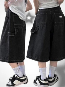 Dazy Plus Celana Pendek Denim Vintage Model Longgar Lebar Gaya Jalanan Kasual Denim Celana Pendek Bermuda Musim Semi Musim Panas Musim Gugur - Hitam - View 1