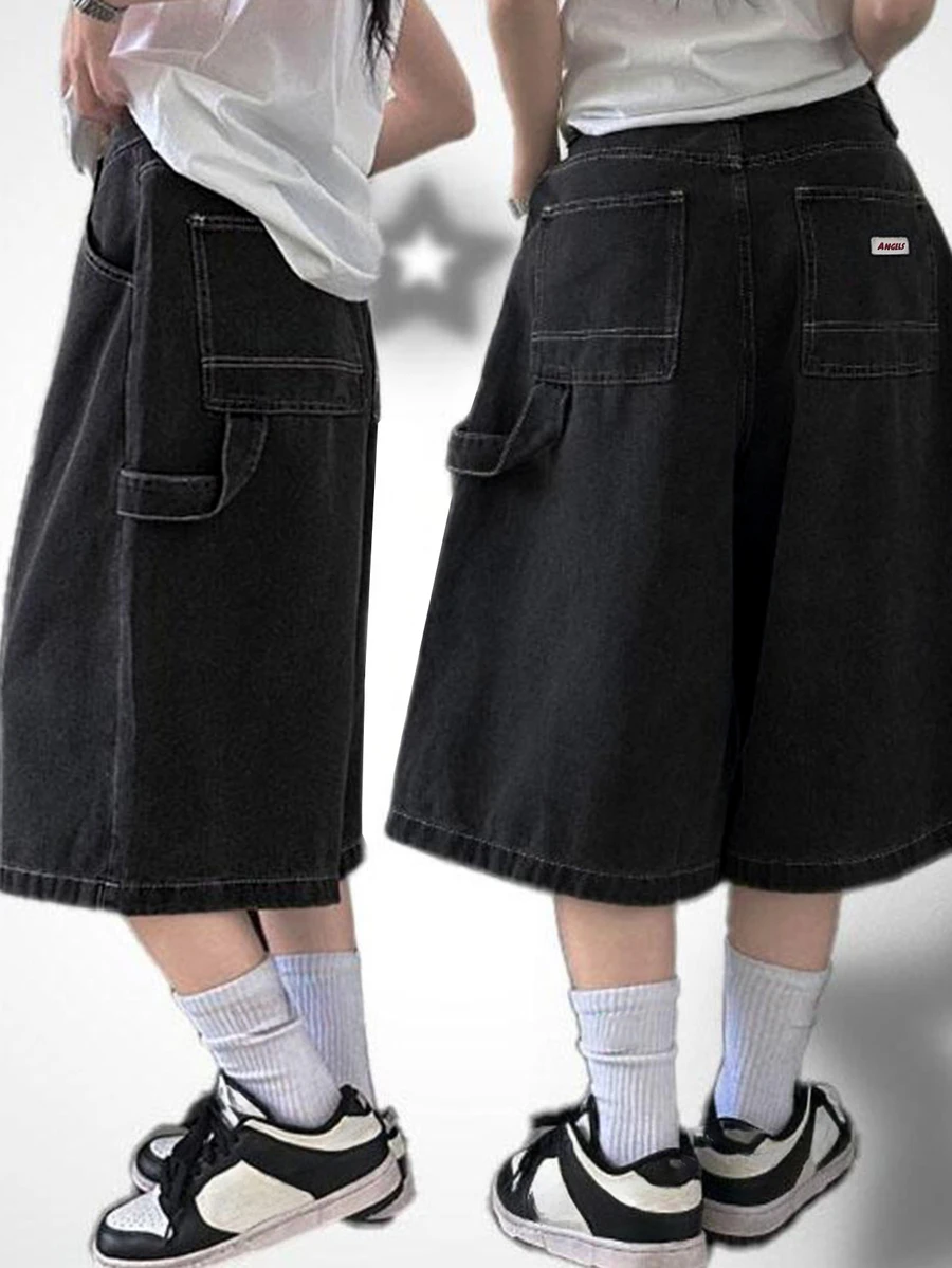 Dazy Plus Celana Pendek Denim Vintage Model Longgar Lebar Gaya Jalanan Kasual Denim Celana Pendek Bermuda Musim Semi Musim Panas Musim Gugur - Hitam - View 1