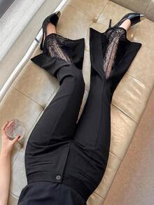 Dazy Plus Elegant Office Wear Fitted Lace Patchwork Flared Pants Fall - Black - View 1