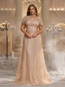 Glamrae Plus Size Elegant Luxurious Champagne Sequin Embroidered Shawl Tassel Computer Beaded Fitted A-Line Heavy Work Evening Gown Suitable For All Formal Occasions - Champagne - View 1
