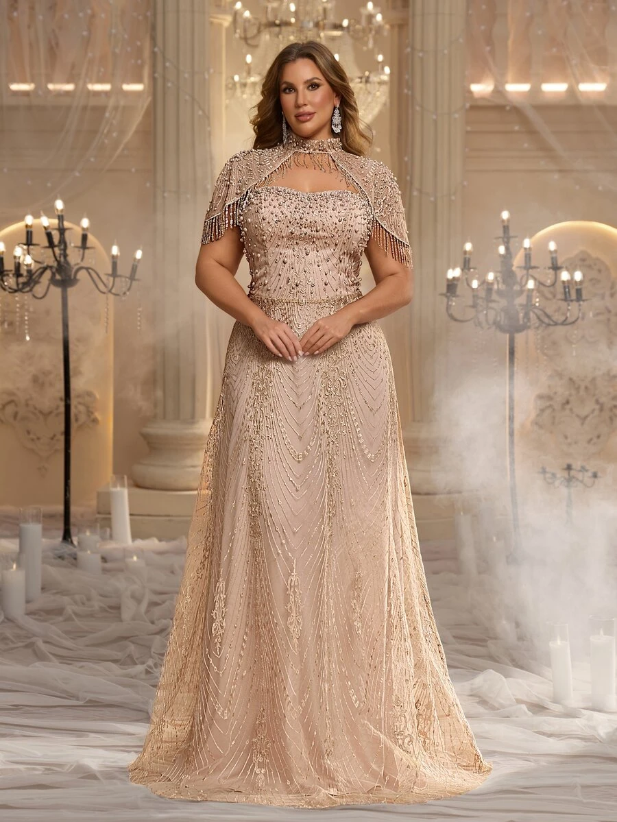 Glamrae Plus Size Elegant Luxurious Champagne Sequin Embroidered Shawl Tassel Computer Beaded Fitted A-Line Heavy Work Evening Gown Suitable For All Formal Occasions - Champagne - View 1