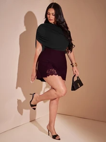 SHEIN BAE CURVE 大尺碼女款蕾絲拼接休閒百搭迷你裙 - 紫紅色 - 查看 3
