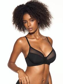 SHAPORA Sexy Women's Lingerie 3mm Cotton Mesh Patchwork Underwire Bra, Push-Up, Large Bust Minimizing, 1pc - Black - View 4