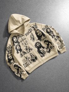 ROMWE MEN Men's Jesus Graphic Print Loose Fit Zip-Up Hoodie - Apricot - View 1