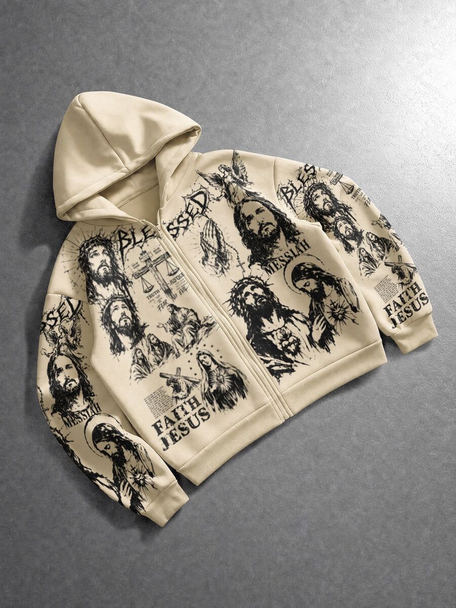 ROMWE MEN Men's Jesus Graphic Print Loose Fit Zip-Up Hoodie - Apricot - View 1