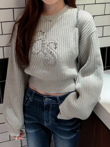 FRIFUL Women's Casual 2000s Rhinestone Decorated Sweater, Autumn/Winter Date School Light Grey Autumn Winter Long Sleeve Tops - Grey - View 3