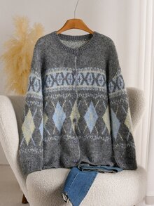 CosyJoli Vintage Grey Fair Isle Argyle Jacquard Crew Neck Loose Fit Sweater Cardigan, Autumn/Winter - Grey - View 1