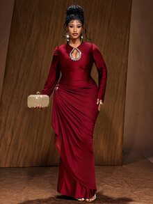 Maweii Women's Rhinestone Decorated Hollow Pleated Elegant Waist-Cinching Long Sleeve Dress Fall - Burgundy - View 1