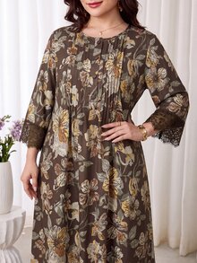 Veilorie Plus Size Elegant Floral Print Lace Patchwork Dress - Multicolor - View 1