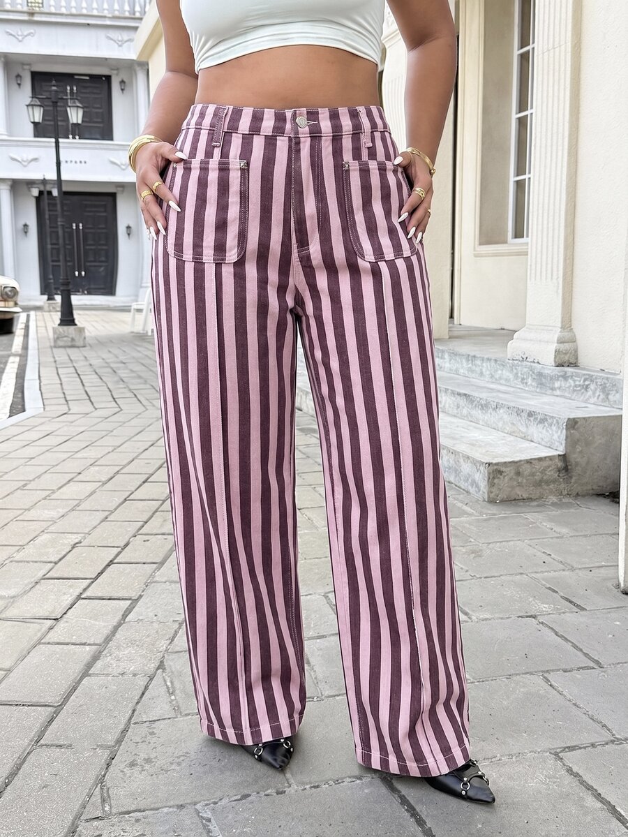 SHEIN ICON 大尺碼女款時尚休閒水洗無彈力寬鬆牛仔褲 - 彩色 - 查看 1