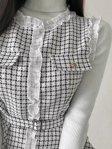 FRIFUL Women's Elegant Commuter Plaid Frill Trim Tank Top With Waist Belt Fall - White - View 8