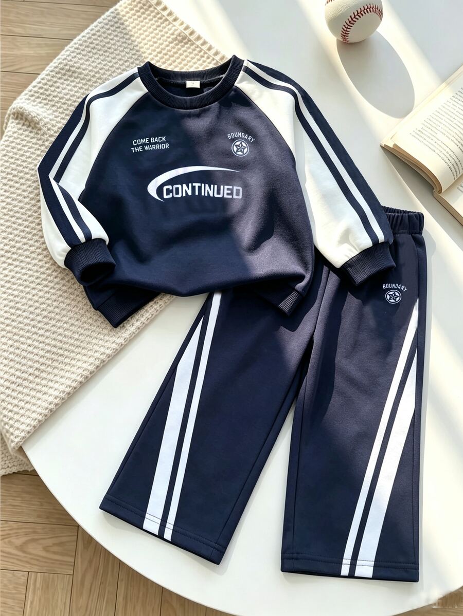 Boys Korean Style Minimalist Black & Grey Colorblock Raglan Sleeve Crew Neck Sweatshirt With Matching Colorblock Loose Sweatpants Set, Spring Daily Wear - Navy Blue - View 1