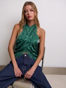 Nöista Polka Dot Halter Top With Lace Trim, Going Out Top For Women, Vacation Outfit, Party Style Aesthetic Chic - Army Green - View 3