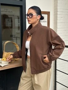 Flexra Plus Size Vintage Button & Zipper Long Sleeve Pocket Denim Jacket - Brown - View 4