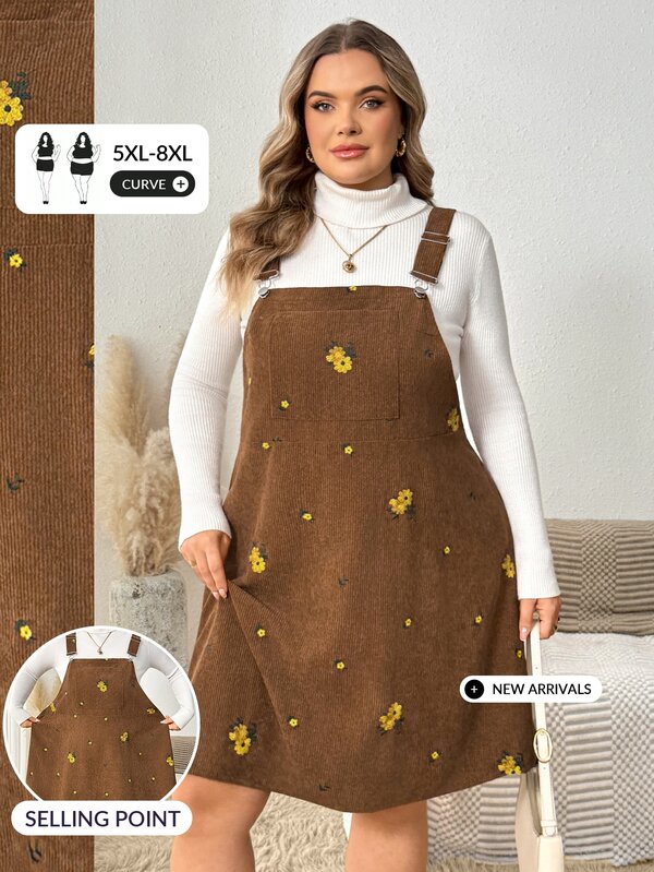 SHEIN CURVE+ فستان مريلة نسائي مقاس كبير منحني/ملابس مدرسية/ملابس العودة إلى المدرسة/فستان مريلة نسائي مقاس كبير بطبعة الكرز مع جيب أمامي وسحاب جانبي