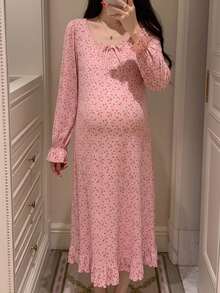 Dazy Maternity 碎花寬鬆套頭長袖荷葉邊下擺休閒日常居家春秋冬孕婦洋裝 - 粉色 - 查看 1