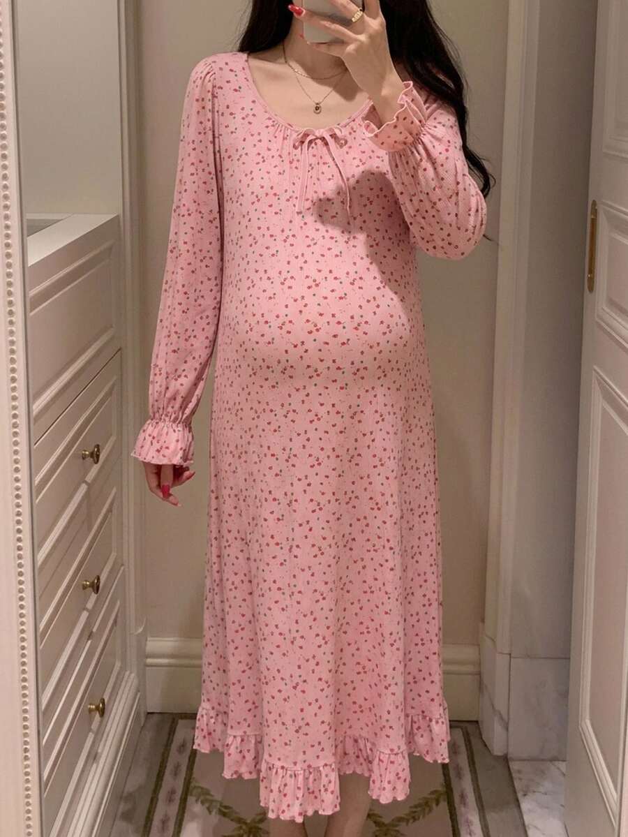 Dazy Maternity 碎花寬鬆套頭長袖荷葉邊下擺休閒日常居家春秋冬孕婦洋裝 - 粉色 - 查看 1