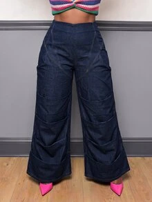 Slaydiva Plus Size Women's Jeans, Dark Blue High Waist Ruched Stacked Wide Leg Denim Pants - Blue - View 4