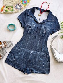 Soleia Denim Effect Print Slim Fit Romper - Multicolor - View 4