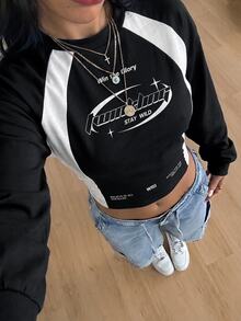 Coolane Women's Autumn Casual Colorblock Patchwork Letter Print Cropped Sweatshirt - White - View 4