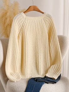 Elaquor Plus Size Women's Solid Color Round Neck Raglan Long Sleeve Casual Pullover Sweater - Apricot - View 2