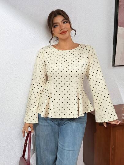 Lounesse Plus Size Women's Round Neck Long Sleeve Polka Dot Design Fashion Plus Size Cinched Waist Flared Hem Polka Dot Design Plus Size Shirt