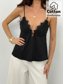 Aloruh Women's Spring/Summer New Solid Black Lace Trim Camisole - Black - View 1