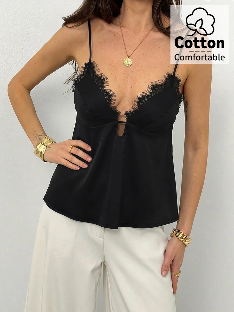 Aloruh Women's Spring/Summer New Solid Black Lace Trim Camisole - Black - View 1