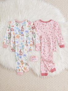 Cozy Pixies 4件裝女嬰休閒日常舒適碎花對比色圓領套頭睡衣上衣與長褲2件套，2套 - 粉色 - 查看 2