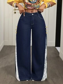 Slaydiva Women's Denim Frog Button Lace Wide Leg Jeans - Blue - View 4