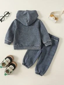 SHEIN 2件組男嬰秋冬休閒丹寧連帽衛衣與丹寧長褲套裝，嬰兒服飾套裝 - 彩色 - 查看 2