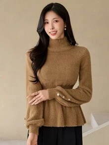 DAZY Women's Elegant Solid Color Stand Collar Sweater, Autumn/Winter Long Sleeve Tops - Brown - View 5