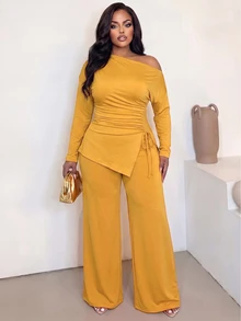 Poshavie Poshavie Plus Size Off Shoulder Ruched Drawstring 2 Pieces Set, Long Sleeve Top & Wide Leg Pants Casual Co Ord - Yellow - View 5