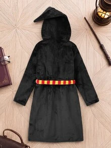 PrepCrw HARRY POTTER X SHEIN Tween Boy Embroidered Striped Kids Colorblock Pocket Hooded Lounge Autumn Jacket - Black - View 4