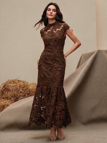 Anewsta 秋冬咖啡色立領鏤空蕾絲重工短袖魚尾長洋裝，適合宴會、婚禮賓客、約會穿著女款洋裝 - 咖啡 - 查看 7
