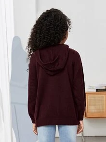 SHEIN Tween Girl Girls' Long Sleeve Hooded Casual Loose Knit Cardigan - Burgundy - View 2