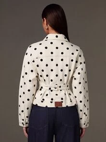 Athîral Denim Women's Relaxed Fit White Denim Jacket,Contrast Stitching,Button Front,Waist Tab,Black Polka Dot,Autumn Retro Chic,Daily Daytime Wear,Office Casual - Apricot - View 1