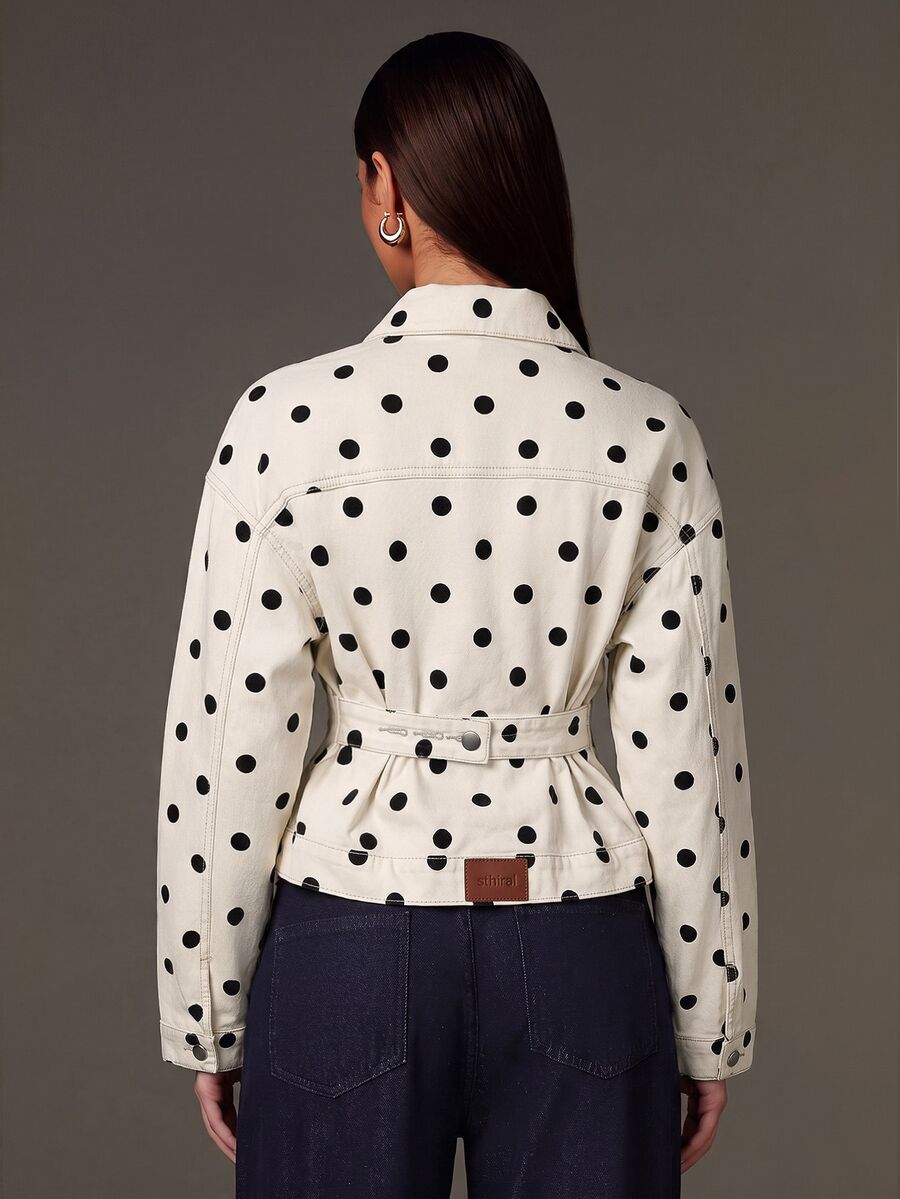 Athîral Denim Women's Relaxed Fit White Denim Jacket,Contrast Stitching,Button Front,Waist Tab,Black Polka Dot,Autumn Retro Chic,Daily Daytime Wear,Office Casual - Apricot - View 1