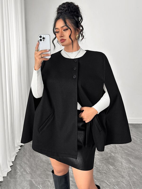 Elenzga Abrigo negro de cuello redondo talla grande para mujer con bolsillos, holgado, de largo medio, chaqueta tipo chal para ir al trabajo, estilo europeo y americano, favorecedor
