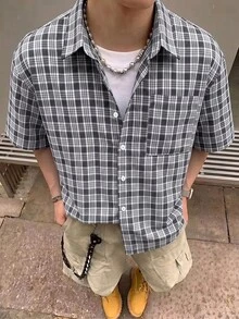 STEELVANCE 男士小格紋短袖襯衫，單口袋經典款，適合正式或休閒場合，休閒度假、用餐聚會、簡約辦公、居家穿搭，適合自穿或送禮給朋友，熱銷舒適面料襯衫 - 彩色 - 查看 1
