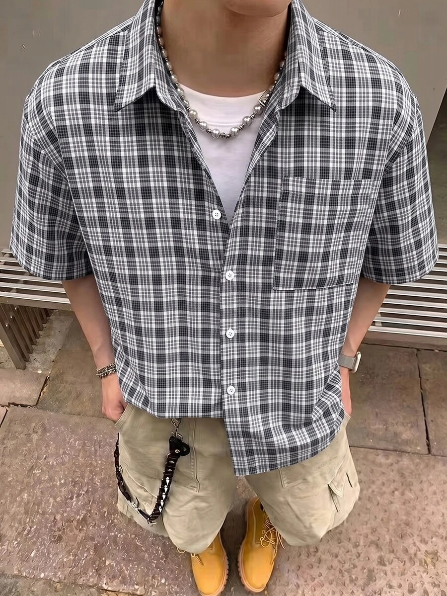 STEELVANCE 男士小格紋短袖襯衫,單口袋經典款,適合正式或休閒場合,休閒度假、用餐聚會、簡約辦公、居家穿搭,適合自穿或送禮給朋友,熱銷舒適面料襯衫 - 彩色 - 查看 1