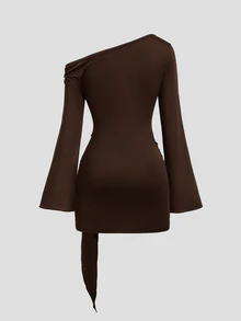 Sweetra Sexy Sweet Simple Vintage Party Night Out Casual Long Sleeve Bodycon Asymmetrical Shoulder Flared Sleeve Ruched Side Autumn Dress Dark Brown - Brown - View 2