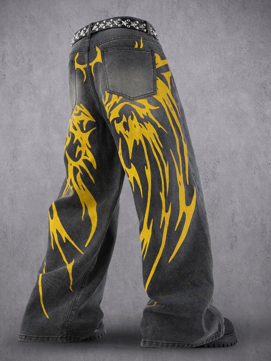 Manfinity Denimwave 男士街頭風哥德式翅膀灰色水洗牛仔寬腿長褲 - 灰色 - 查看 1