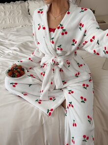 Napfluff Women's Plush Cherry Print Fitted Contrast Trim Camisole Pants And Long Sleeve Cardigan Pajama Set - White - View 4