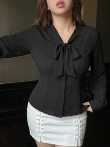 Dazy Plus Kemeja Lengan Panjang Putih Polos Kasual dengan Kerah Pas Badan, Panjang Pendek, Cocok untuk Perjalanan Sehari-hari di Musim Gugur - Hitam - View 6